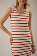 ROUND NECK SLEEVELESS SLIT STRIPE MAXI DRESS: CREAM-RED STRIPE by Boutique 23
