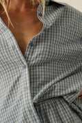 Plaid Textured Seersucker Oversize Button-Up Pocket Shirt: Chambray by Boutique 23