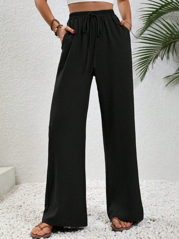 Casual Drawstring Wide Leg Pants: Black by Boutique 23