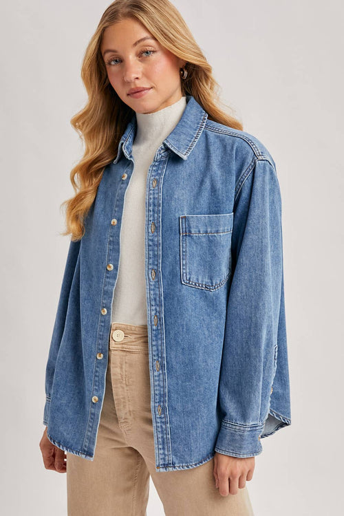 DENIM BUTTON DOWN OVERSIZED SHIRTS: MED.WASH by Boutique 23