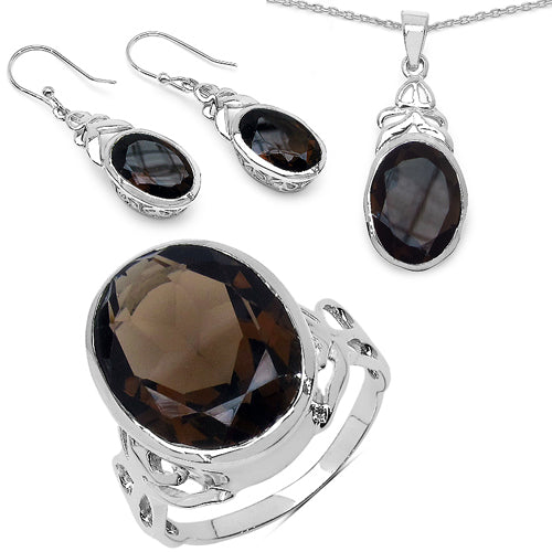 26.52 Carat Genuine Smoky Quartz .925 Sterling Silver Ring, Pendant and Earrings Set by Bids.com