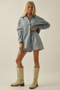 Plaid Textured Seersucker Wide-Leg Pocket Shorts: Chambray by Boutique 23