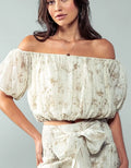 Elastic Off Shoulder Floral Crop Blouse - Taupe by Boutique 23