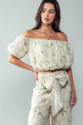 Elastic Off Shoulder Floral Crop Blouse - Taupe by Boutique 23