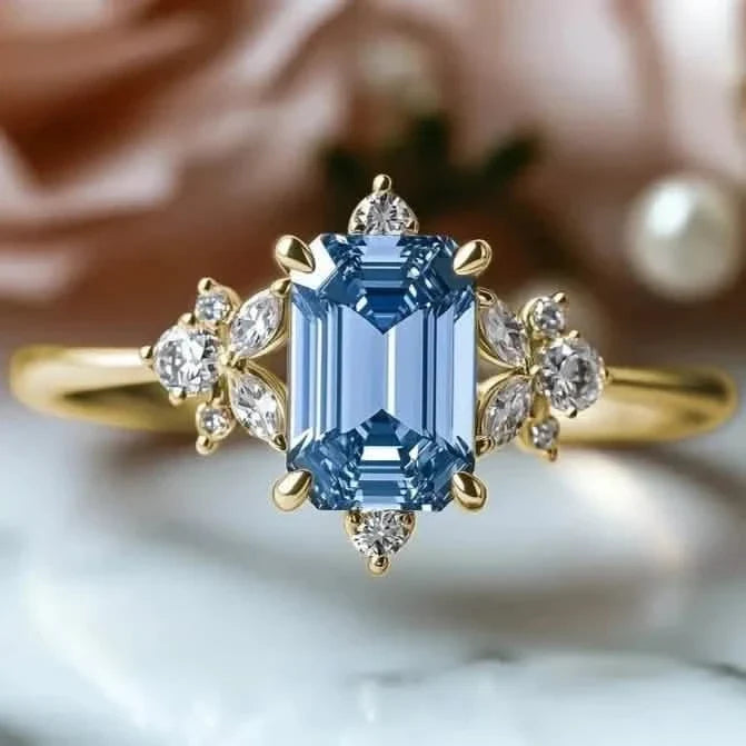Elegant Gold-Plated Copper Engagement Ring with Square Blue Cubic Zirconia by DailySale