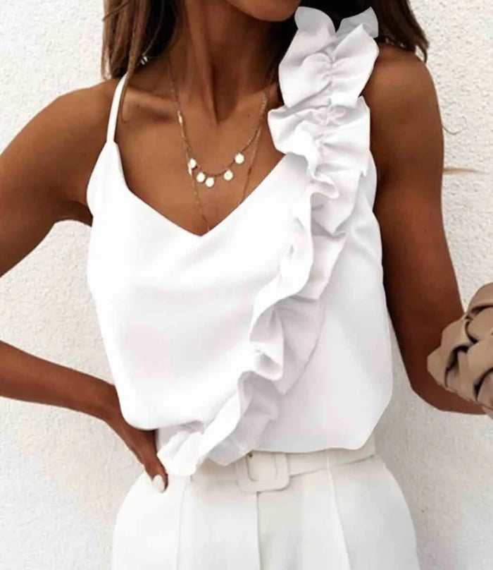 Eliza Frilled Spaghetti Strap Tank - White by Boutique 23
