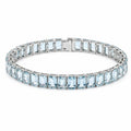Emerald Cut Blue Aquamarine Prong Sterling Silver Classic Inline Box Clasp Tennis Bracelet by Fine Color Jewels