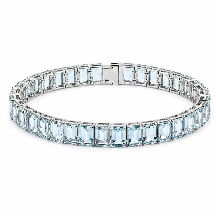 Emerald Cut Blue Aquamarine Prong Sterling Silver Classic Inline Box Clasp Tennis Bracelet by Fine Color Jewels