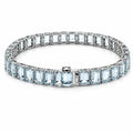Emerald Cut Blue Aquamarine Prong Sterling Silver Classic Inline Box Clasp Tennis Bracelet by Fine Color Jewels