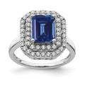 Emerald Cut Lab Created Blue Sapphire and Diamond 14K White Gold Double Halo Ring by Fine Color Jewels