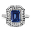 Emerald Cut Lab Created Blue Sapphire and Diamond 14K White Gold Double Halo Ring by Fine Color Jewels