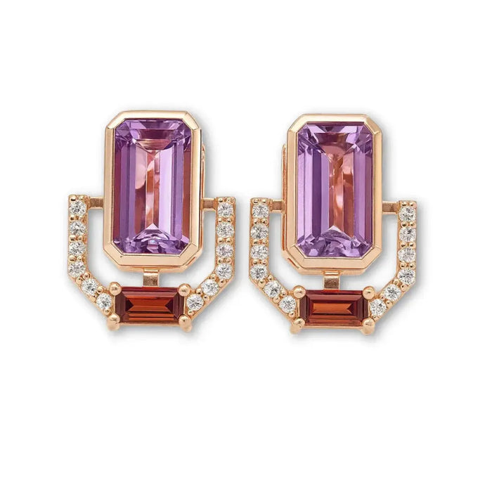 Emerald Cut Purple Amethyst Silver Stud Earrings by Fine Color Jewels