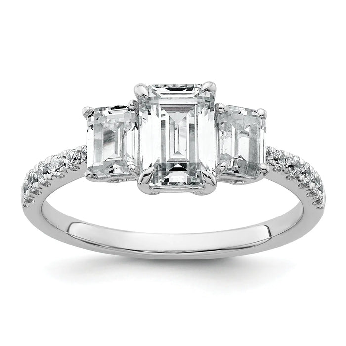 Emerald-Cut White Lab-Grown Diamond Prong 14K White Gold Three Stone Ring by Fine Color Jewels