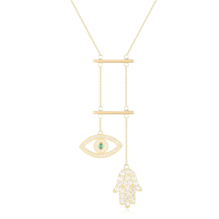 Emerald Evil Eye and Hamsa Necklace by Fine Color Jewels