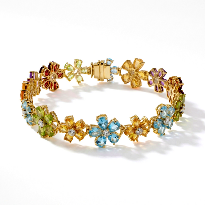 20.9 Ct Rainbow Multi-Gemstone Prong Yellow Gold Plated Silver Floral Cluster Inline Box Clasp Tennis Bracelet by Fine Color Jewels