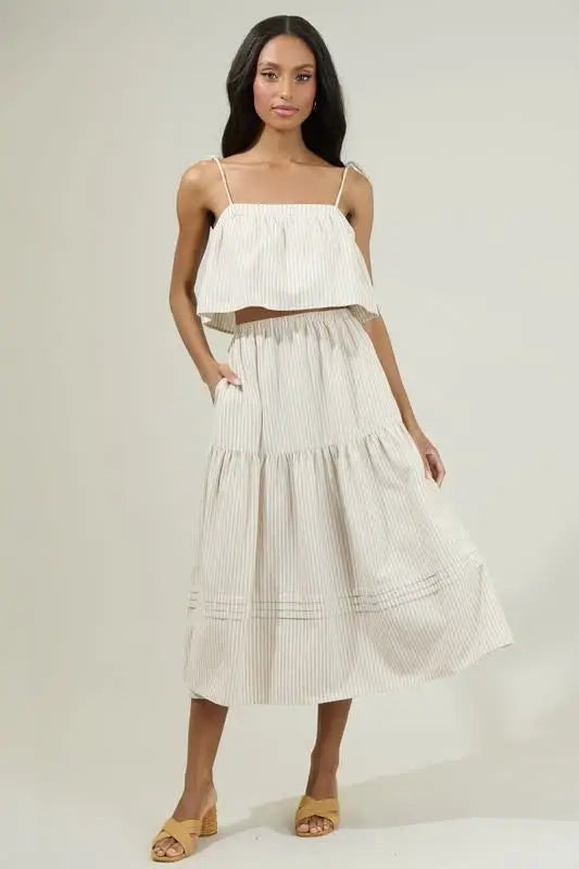 Everlanes Striped Flores Midi Skirt - Tan/White by Boutique 23