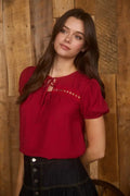 Eyelet Lace Trim Double Front Tie Puff Sleeve Top - Red by Boutique 23