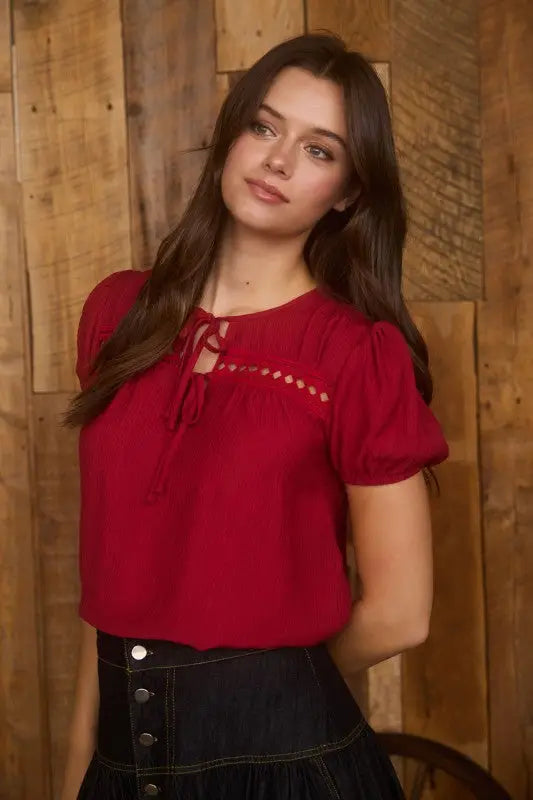 Eyelet Lace Trim Double Front Tie Puff Sleeve Top - Red by Boutique 23