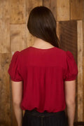 Eyelet Lace Trim Double Front Tie Puff Sleeve Top - Red by Boutique 23