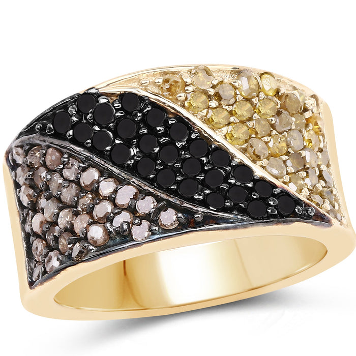 14K Yellow Gold Plated 1.25 Carat Genuine Black Diamond, Champagne Diamond & Yellow Diamond .925 Sterling Silver Ring by Bids.com