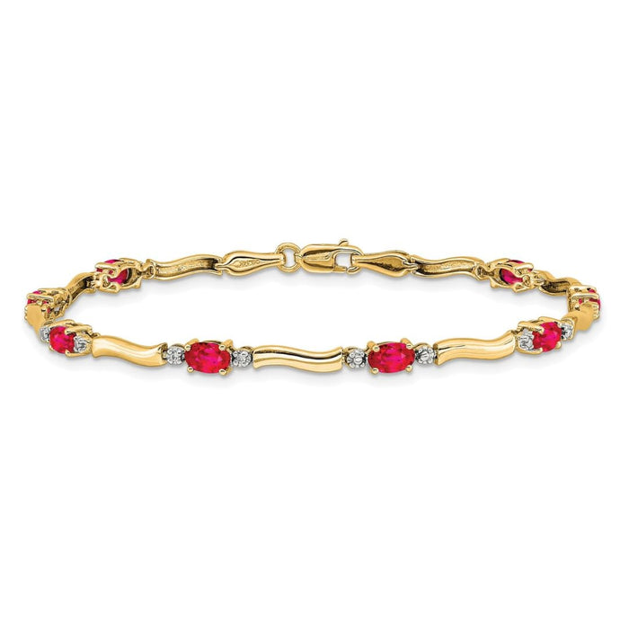 Oval Red Ruby & Diamond Prong 14K Yellow Gold Wave Link Bracelet by Fine Color Jewels