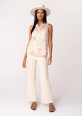 Sheer Floral Button Front Ruffle Neck Tank Top: Natural/Coral by Boutique 23