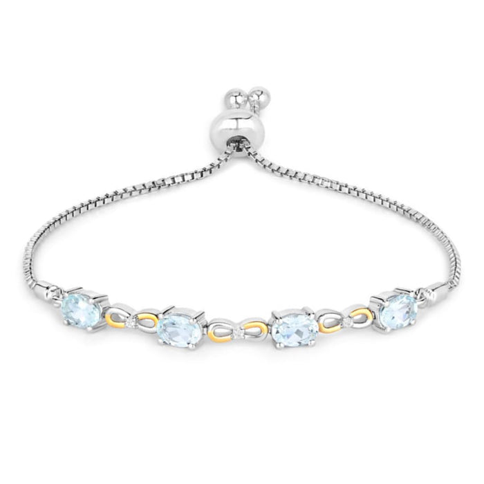 Oval Blue Aquamarine Prong Two-Tone Gold Plated Silver Infinity Bolo Adjustable Bracelet by Fine Color Jewels