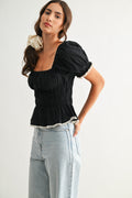 Smocked Peplum Top With Puff Sleeves by Boutique 23