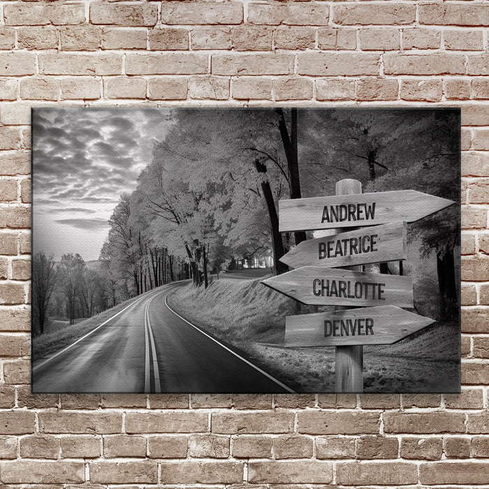 Family Names Monochrome Autumn Roads Sign by Tailored Canvases