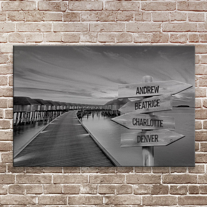 Family Names Monochrome Ocean Dock Sign by Tailored Canvases