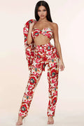 Fasheabe 3pc Flower Print Bandeau Top Pants Set by Fasheabe