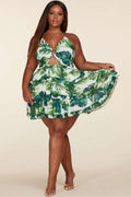 Fasheabe Leaf Print O-ring Mini Dress - Plus Size by Fasheabe