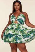 Fasheabe Leaf Print O-ring Mini Dress - Plus Size by Fasheabe