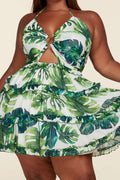 Fasheabe Leaf Print O-ring Mini Dress - Plus Size by Fasheabe