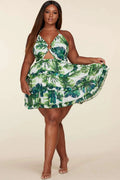 Fasheabe Leaf Print O-ring Mini Dress - Plus Size by Fasheabe