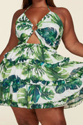 Fasheabe Leaf Print O-ring Mini Dress - Plus Size by Fasheabe