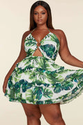 Fasheabe Leaf Print O-ring Mini Dress - Plus Size by Fasheabe