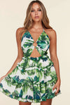 Fasheabe Leaf Print O-ring Mini Dress