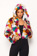 Fasheabe Multicolor Faux Fur Hooded Jacket With Front Zipper by Fasheabe