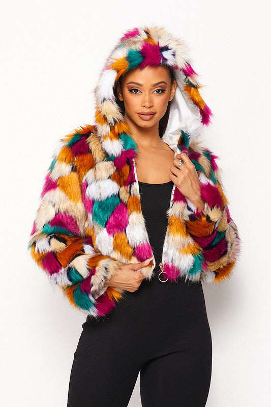 Fasheabe Multicolor Faux Fur Hooded Jacket With Front Zipper by Fasheabe