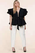 Fasheabe Plus Size Black Ruffle Plunging V-Neck Fit and Flare Top by Fasheabe