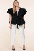 Fasheabe Plus Size Black Ruffle Plunging V-Neck Fit and Flare Top by Fasheabe