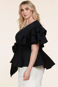 Fasheabe Plus Size Black Ruffle Plunging V-Neck Fit and Flare Top by Fasheabe