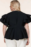 Fasheabe Plus Size Black Ruffle Plunging V-Neck Fit and Flare Top by Fasheabe