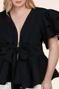 Fasheabe Plus Size Black Ruffle Plunging V-Neck Fit and Flare Top by Fasheabe