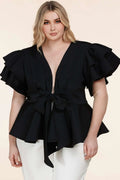 Fasheabe Plus Size Black Ruffle Plunging V-Neck Fit and Flare Top by Fasheabe