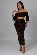 Fasheabe Sequin Matching Crop Top Midi High Waisted Skirt Set - Brown by Fasheabe