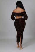 Fasheabe Sequin Matching Crop Top Midi High Waisted Skirt Set - Brown by Fasheabe