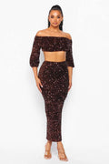 Fasheabe Sequin Matching Crop Top Midi High Waisted Skirt Set - Brown by Fasheabe