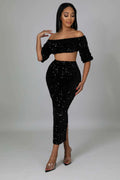 Fasheabe Sequin Matching Crop Top Midi High Waisted Skirt Set - Black by Fasheabe